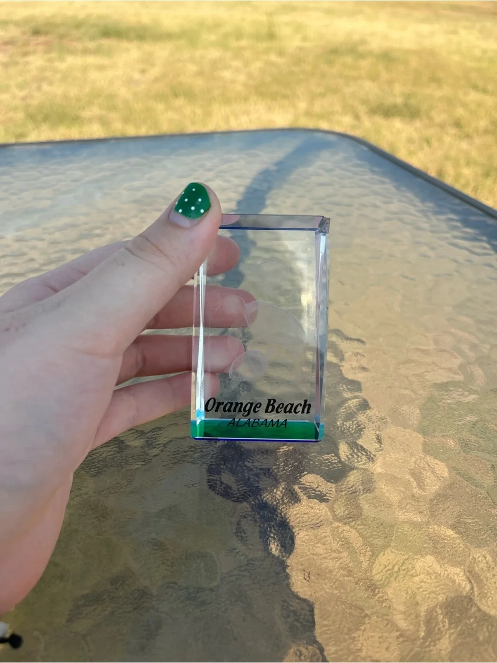 Collectible Clear Orange Beach Souvenir Acrylic Paperweight - Blue Accent